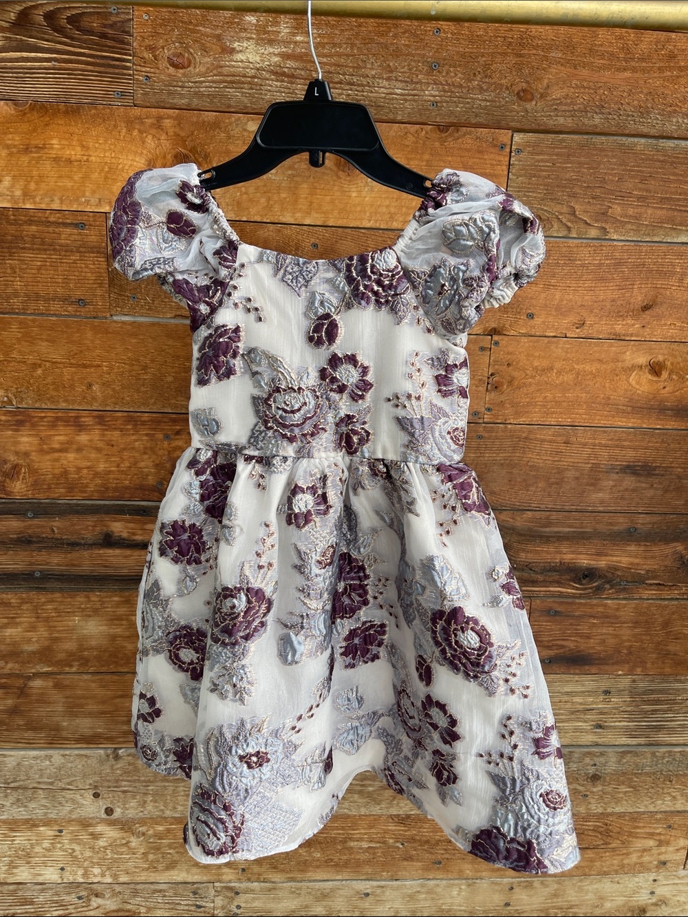 Rare Editions Girls 6X Ivory Purple Floral Metallic Jacquard Party Dress Puff Sl